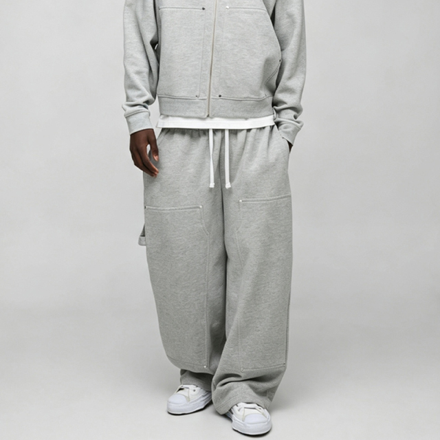 Custom Studded Rivet Metal Detail Boxy Fit Cropped Wide Leg Baggy Grey Cotton Men's Heavyweight Fleece Winter Streetwear