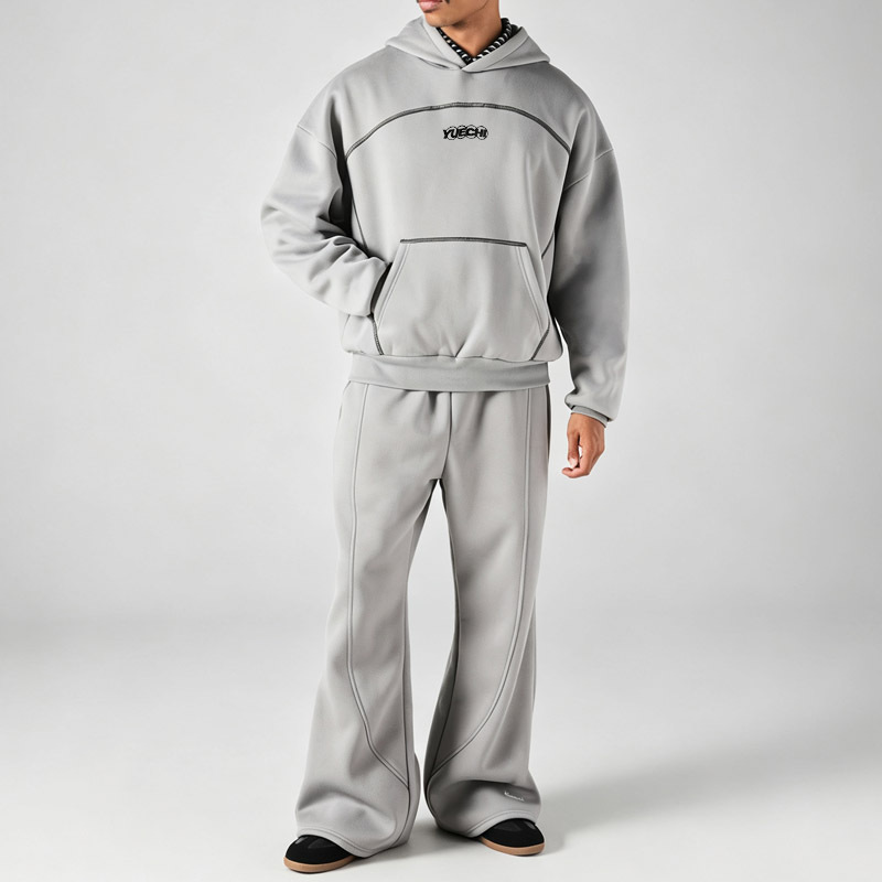 Men Grey Contrast Stitching Pullover Hoodie Tracksuit Flock Print Loose Flared Sweatpants Fall Winter Streetwear Two Piece Set