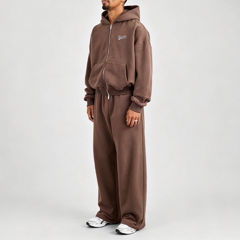 Custom Men Baggy Fit Full Zip Hoodie Wide Leg Sweatpants 2 Piece Set Heavyweight 100% Cotton French Terry Embroidery Tracksuit