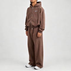 Custom Men Baggy Fit Full Zip Hoodie Wide Leg Sweatpants 2 Piece Set Heavyweight 100% Cotton French Terry Embroidery Tracksuit