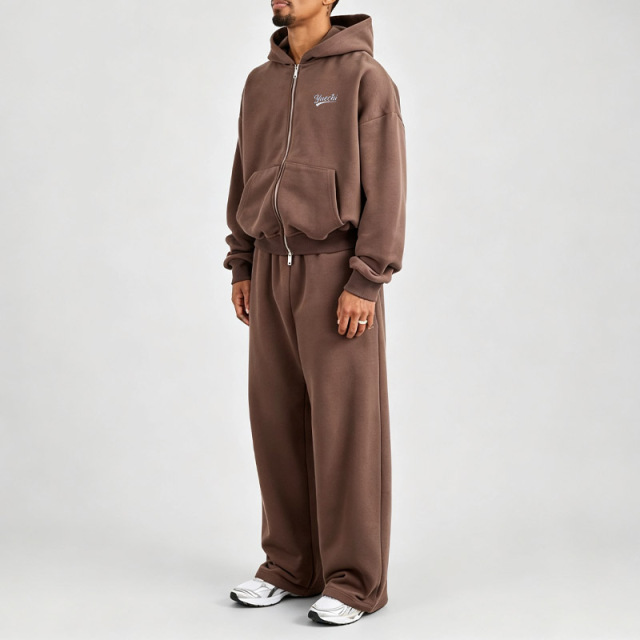 Custom Men Baggy Fit Full Zip Hoodie Wide Leg Sweatpants 2 Piece Set Heavyweight 100% Cotton French Terry Embroidery Tracksuit