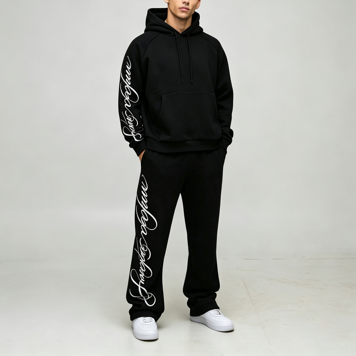 Custom Screen Print Cursive Graphic Black Fleece 2 Pieces Pullover Hoodie Wide Leg Sweatpants Urban Men's Tracksuit Set