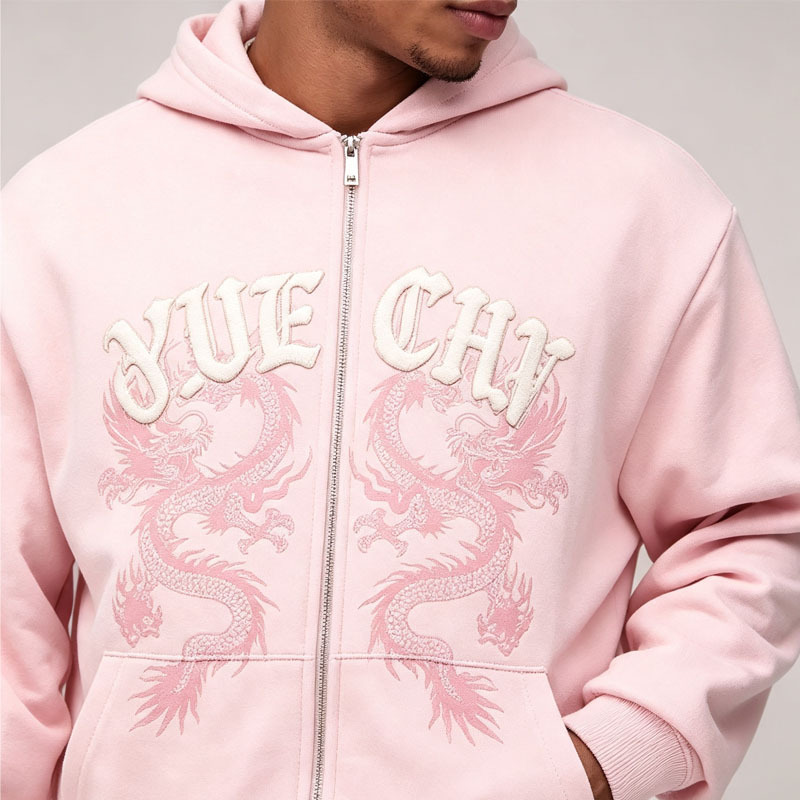 Custom Dragon Embroidery Chenille Patchwork Pink French Terry Regular Drawstring 2 Pieces Casual Autumn Men's Heavyweight
