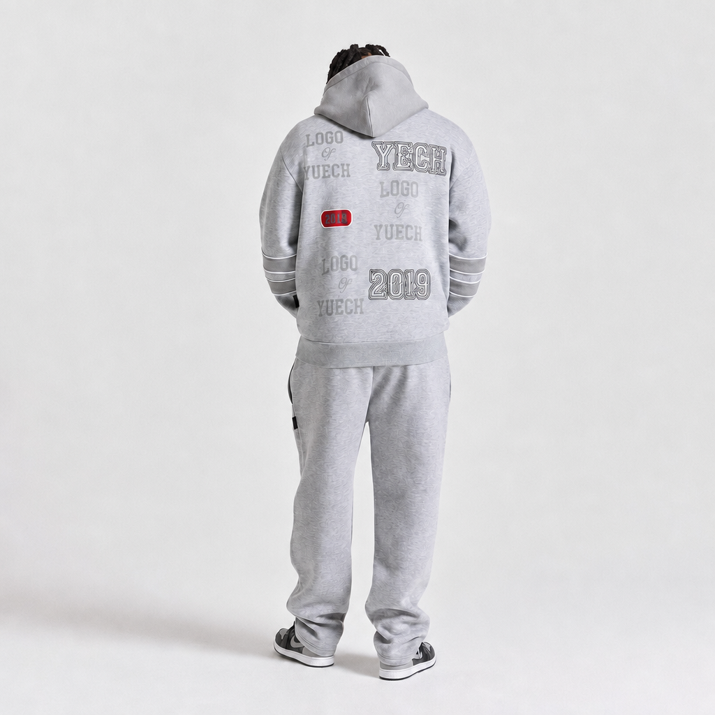 Custom Men's Heather Grey Fleece Hooded Zip up Tracksuit Boxy Fit Applique Dtg Printing Wide Leg Pant Streetwear 2 Piece Outfit