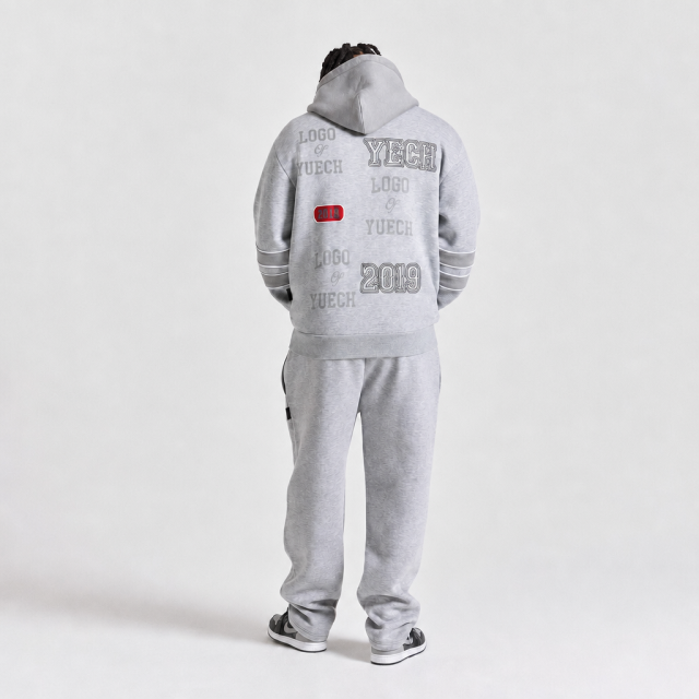 Custom Men's Heather Grey Fleece Hooded Zip up Tracksuit Boxy Fit Applique Dtg Printing Wide Leg Pant Streetwear 2 Piece Outfit