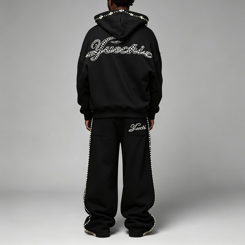 Streetwear Mens Full Zip Tracksuit Black 100% Cotton Jersey Drop Shoulder Hoodie Beaded Embroidered Baggy Wide Leg Sweatpants
