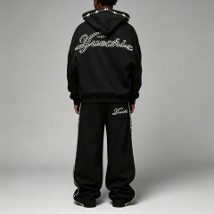 Streetwear Mens Full Zip Tracksuit Black 100% Cotton Jersey Drop Shoulder Hoodie Beaded Embroidered Baggy Wide Leg Sweatpants