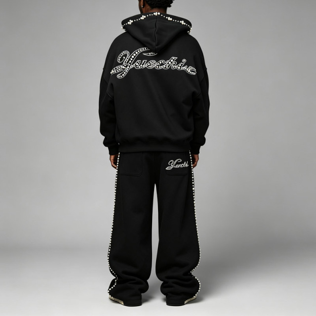 Streetwear Mens Full Zip Tracksuit Black 100% Cotton Jersey Drop Shoulder Hoodie Beaded Embroidered Baggy Wide Leg Sweatpants