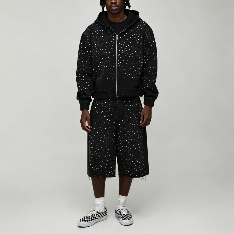 Custom Made Rhinestone Studded Heavyweight French Terry 2-Piece Full-Zip Boxy Fit Cropped Wide-Leg Men's Black Winter Streetwear