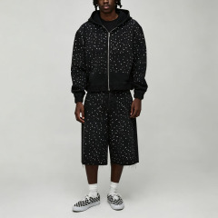 Custom Made Rhinestone Studded Heavyweight French Terry 2-Piece Full-Zip Boxy Fit Cropped Wide-Leg Men's Black Winter Streetwear