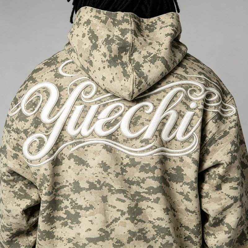 Custom Men's Camo Pullover Hooded Tracksuit Set 100% Cotton French Terry Applique Embroidery DTG Printing Oversized Street Sport