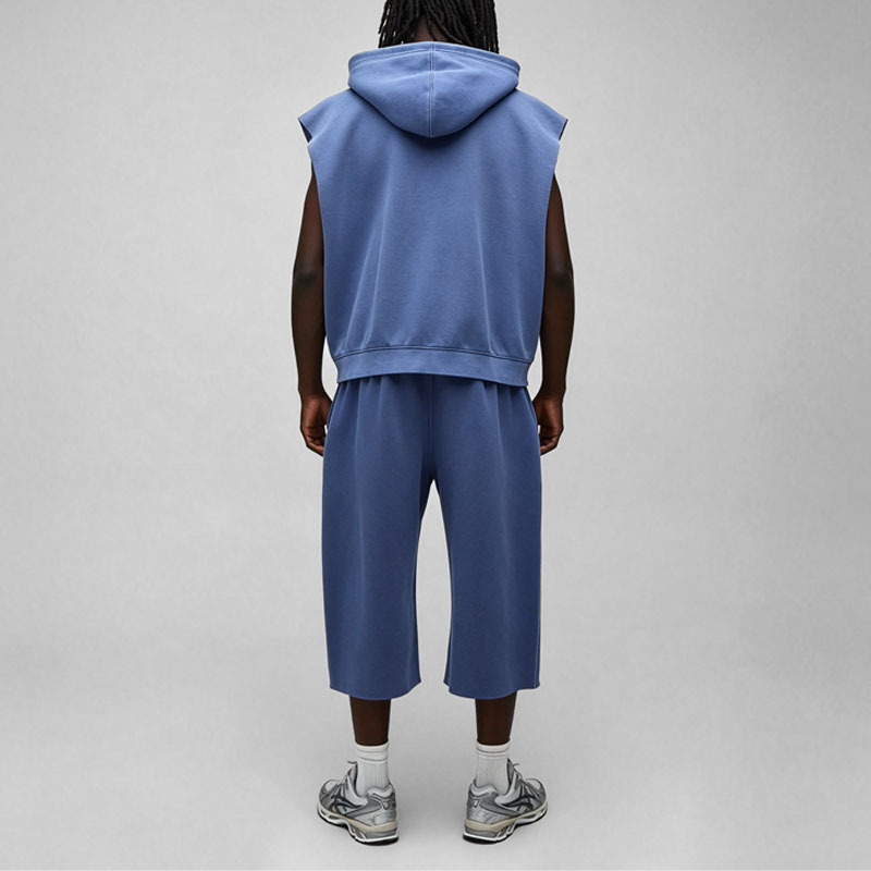 Custom Men's Winter Oversized Washed Sleeveless Zip Hooded Vest Cropped Wide Leg Jogger Tracksuit Fleece Embroidered Logo