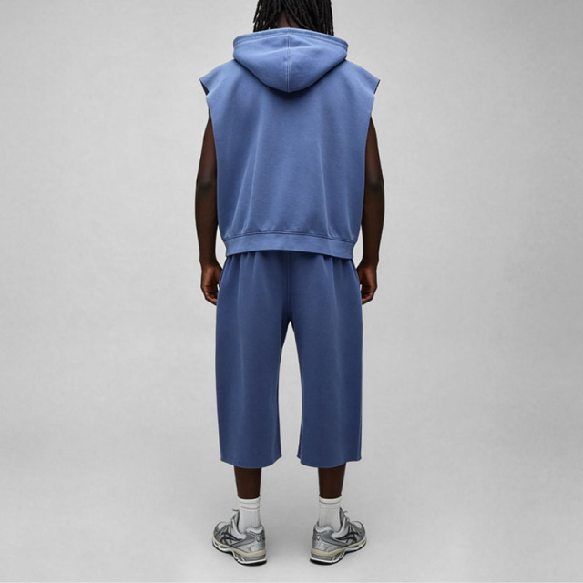 Custom Men's Winter Oversized Washed Sleeveless Zip Hooded Vest Cropped Wide Leg Jogger Tracksuit Fleece Embroidered Logo