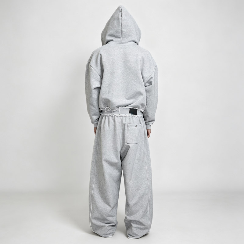 Custom Men's Heather Grey 100% Cotton French Terry Distressed Raw Edge Double Zip Cropped Hoodie Wide Leg Sweatpants Tracksuit