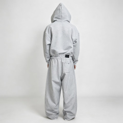 Custom Men's Heather Grey 100% Cotton French Terry Distressed Raw Edge Double Zip Cropped Hoodie Wide Leg Sweatpants Tracksuit