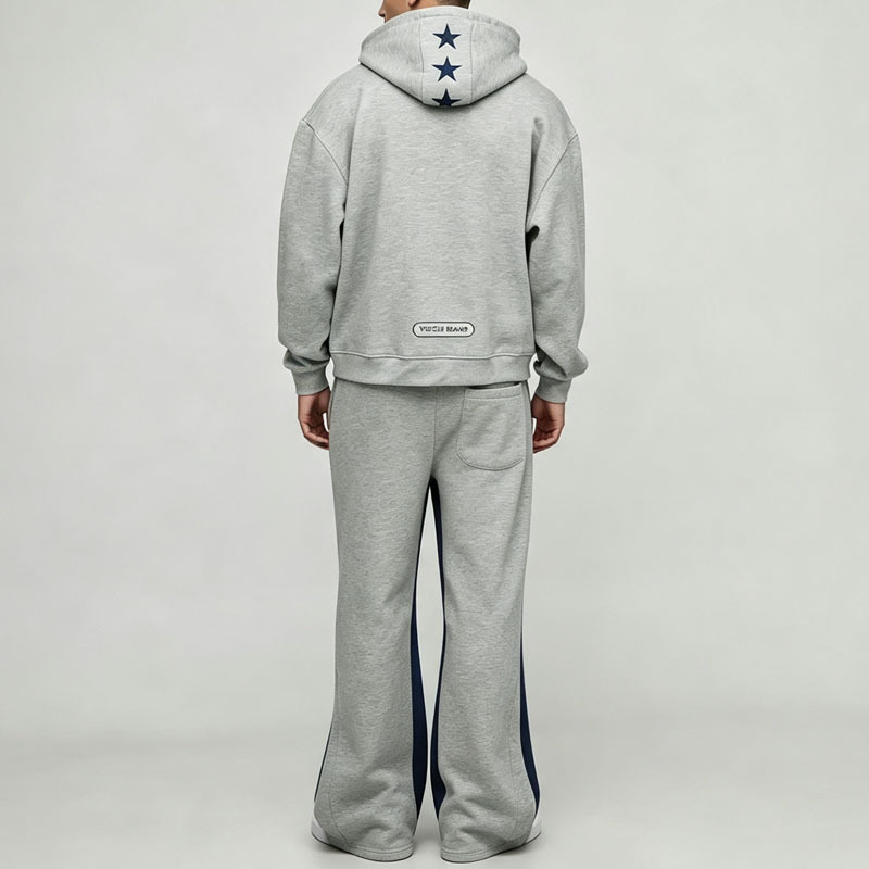 Custom Screen Print Winter Retro Tracksuit 2 Pieces Boxy Fit Wide Leg Heather Grey French Terry Streetwear Men's Sportswear