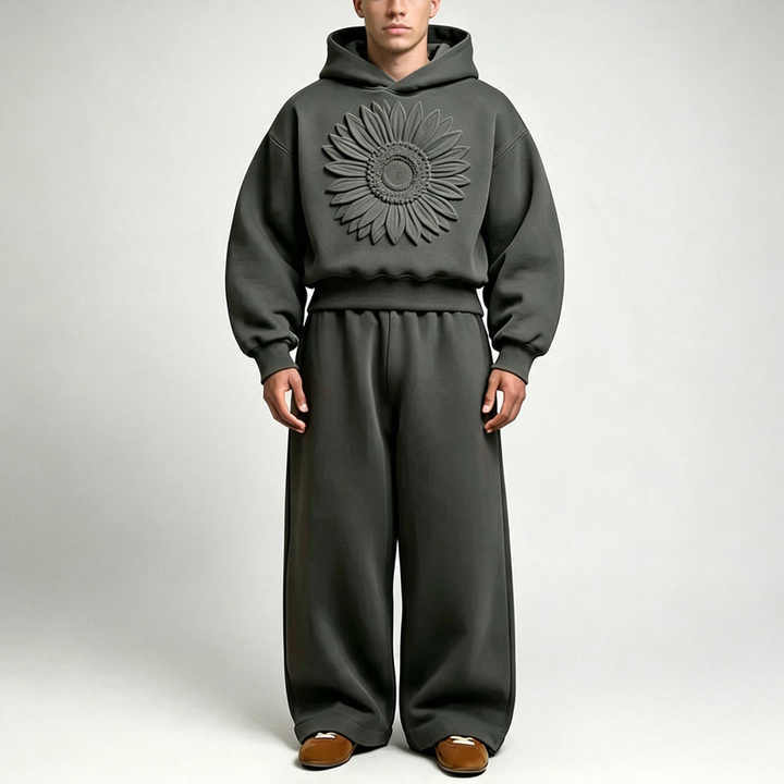 Custom 3D Embossed 100% Cotton French Terry Winter Hooded 2-Piece Boxy Cropped Wide-Leg Baggy Urban Streetwear Men's Heavyweight