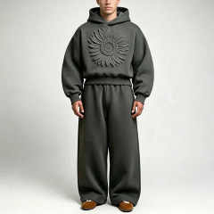 Custom 3D Embossed 100% Cotton French Terry Winter Hooded 2-Piece Boxy Cropped Wide-Leg Baggy Urban Streetwear Men's Heavyweight