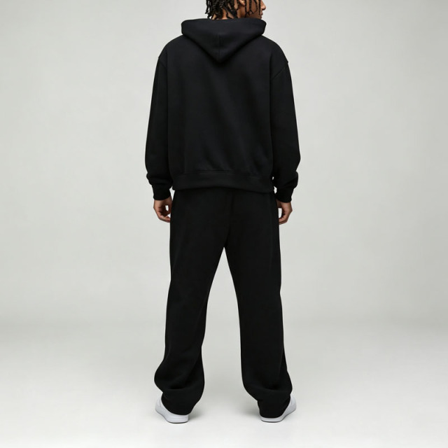 Custom Screen Print 100% Cotton French Terry Winter Hooded 2 Pieces Boxy Fit Wide Leg Black Pullover Men's Streetwear Tracksuit