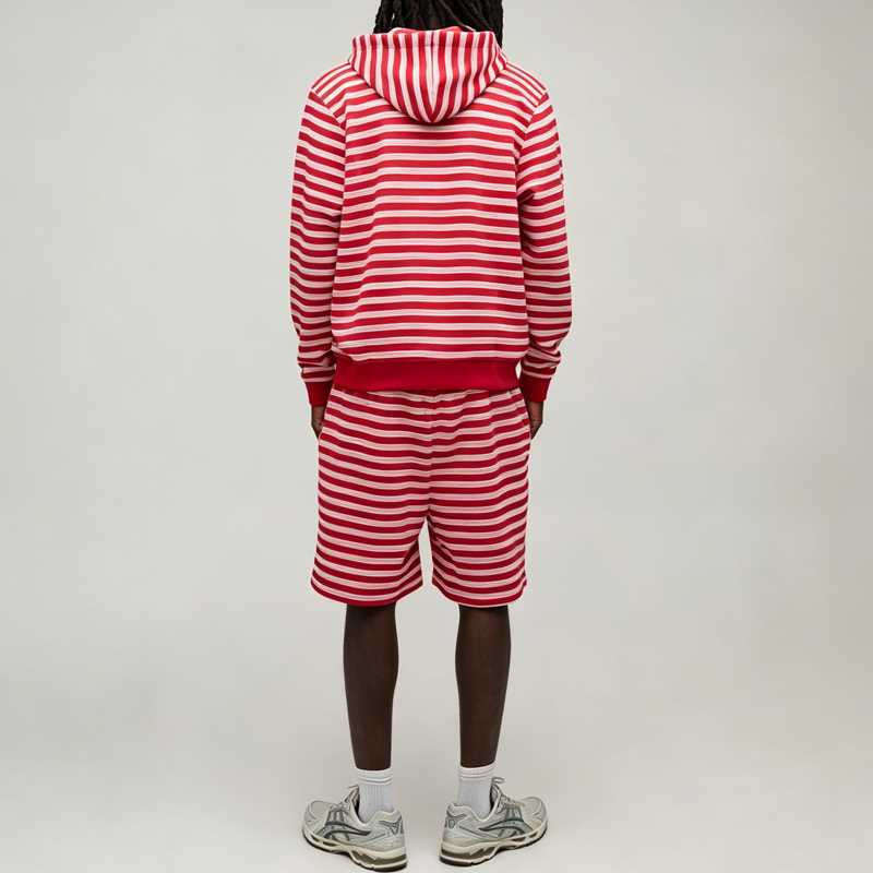 Custom Made Winter Full Zip Hooded Drawstring 2 Pieces Boxy Fit Brown Red Urban Men's Stripe Streetwear Cotton Tracksuit