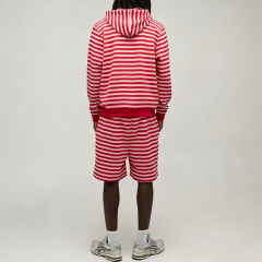 Custom Made Winter Full Zip Hooded Drawstring 2 Pieces Boxy Fit Brown Red Urban Men's Stripe Streetwear Cotton Tracksuit