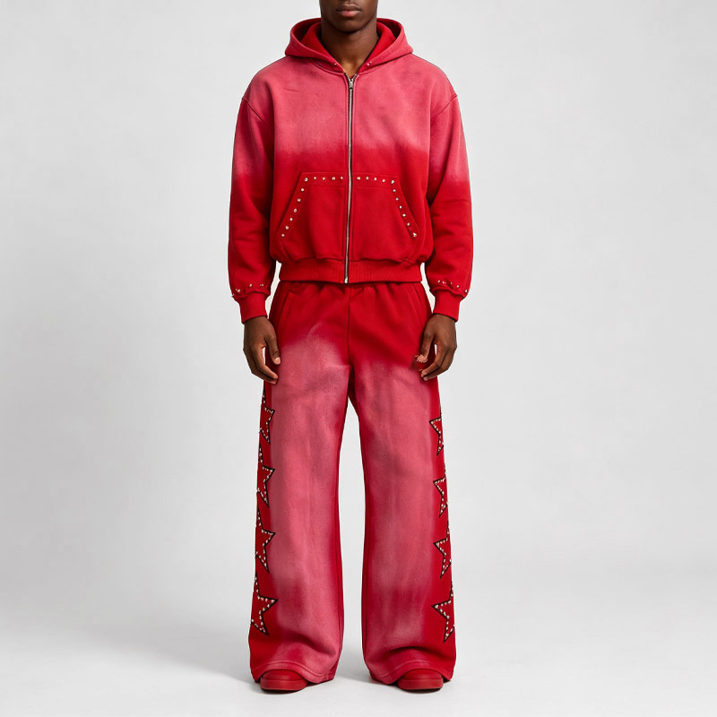 Custom Men Sun Faded Boxy Cropped Zip up Hoodie Wide Leg Sweatpants Set Rhinestone Star Embroidery Oversized Street Tracksuit
