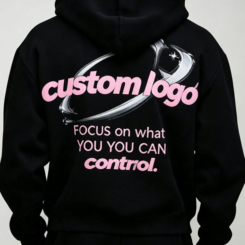 Custom Puff Printing 2 Pieces Full Zip up Hooded Boxy Fit Wide Leg Black Cotton Fleece Urban Men's Tracksuit Set