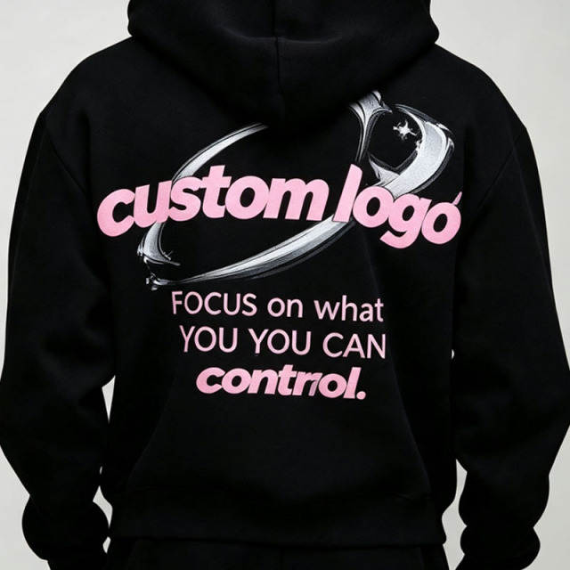 Custom Puff Printing 2 Pieces Full Zip up Hooded Boxy Fit Wide Leg Black Cotton Fleece Urban Men's Tracksuit Set