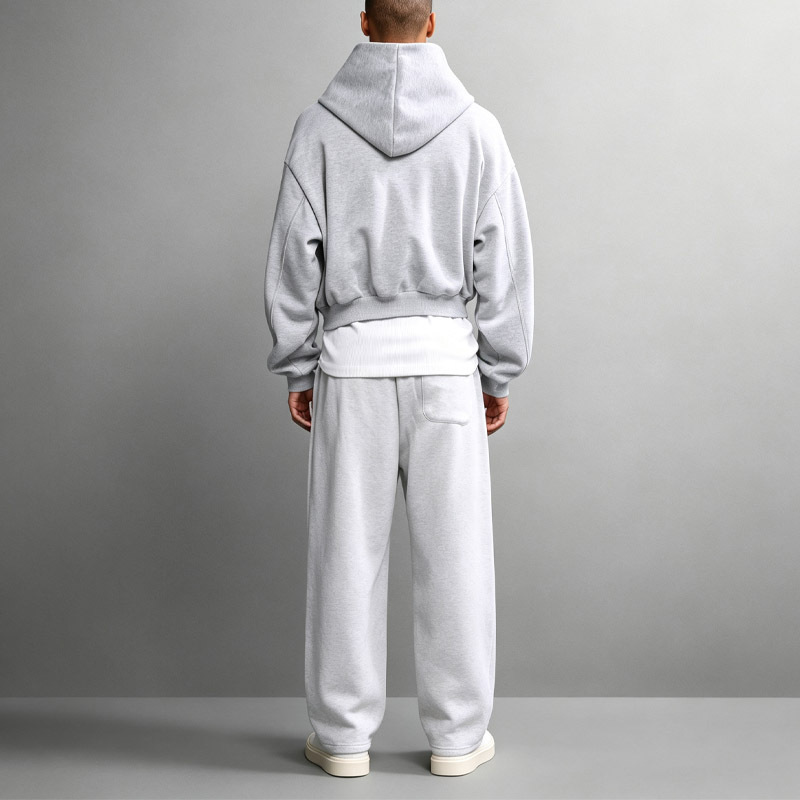 Custom Men's Cropped Oversized Full Zip Hoodie Curved Raglan Seam Heavyweight French Terry Wide Leg Streetwear Tracksuit