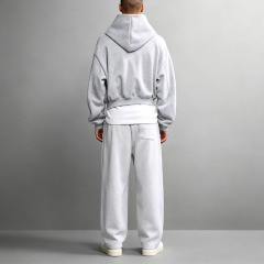 Custom Men's Cropped Oversized Full Zip Hoodie Curved Raglan Seam Heavyweight French Terry Wide Leg Streetwear Tracksuit