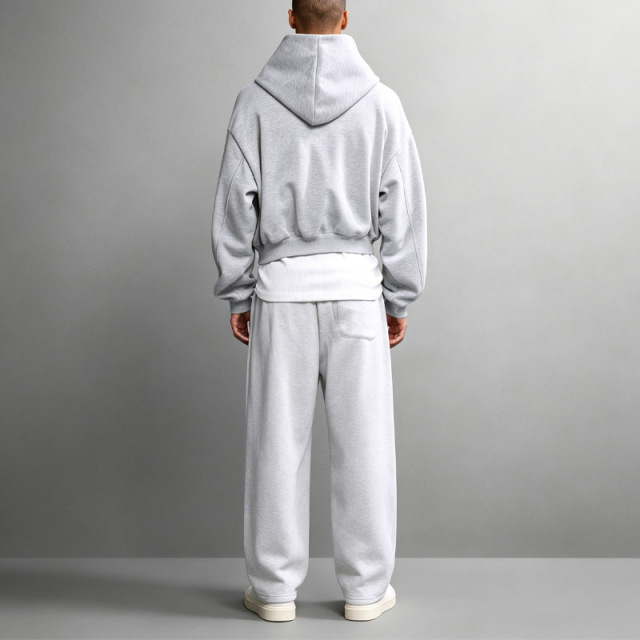 Custom Men's Cropped Oversized Full Zip Hoodie Curved Raglan Seam Heavyweight French Terry Wide Leg Streetwear Tracksuit