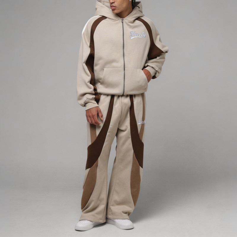 Custom Men's Stone Color Block 100% Cotton 2 Piece Tracksuit Embroidered Logo Full Zip Hoodie Wide Leg Sweatpants Streetwear OEM