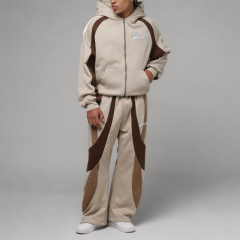 Custom Men's Stone Color Block 100% Cotton 2 Piece Tracksuit Embroidered Logo Full Zip Hoodie Wide Leg Sweatpants Streetwear OEM