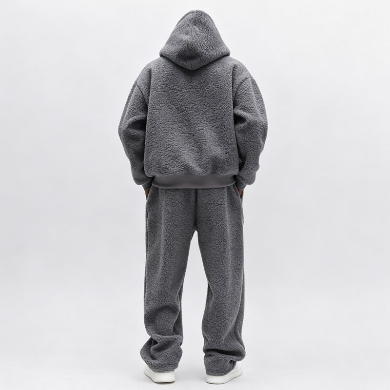 Custom Men's Sherpa Fleece Tracksuit Cropped Pullover Hoodie Set 100% Polyester Fluffy Warm Winter Streetwear Blank Two Piece