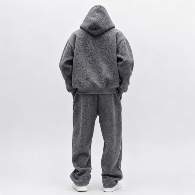 Custom Men's Sherpa Fleece Tracksuit Cropped Pullover Hoodie Set 100% Polyester Fluffy Warm Winter Streetwear Blank Two Piece