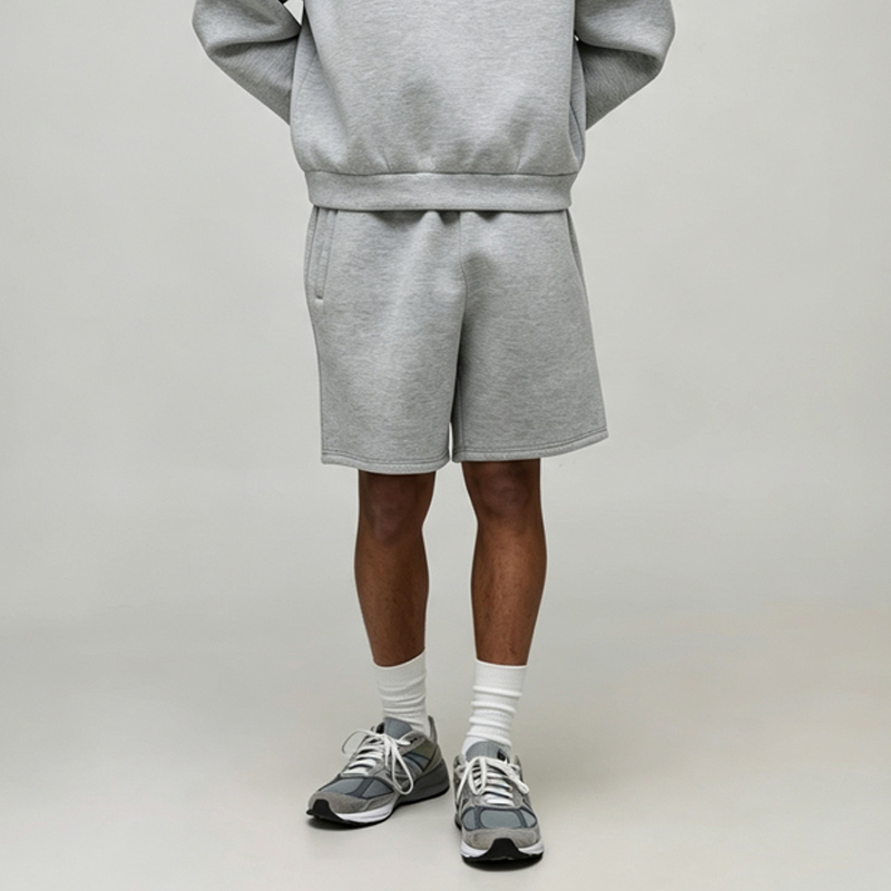 Custom Grey Heavyweight Vintage Tracksuit 2 Pieces Crew Neck Pullover Boxy Fit Cotton Fleece Men's Urban Streetwear Short Set