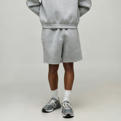 Custom Grey Heavyweight Vintage Tracksuit 2 Pieces Crew Neck Pullover Boxy Fit Cotton Fleece Men's Urban Streetwear Short Set