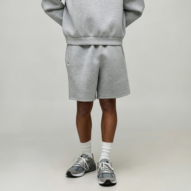 Custom Grey Heavyweight Vintage Tracksuit 2 Pieces Crew Neck Pullover Boxy Fit Cotton Fleece Men's Urban Streetwear Short Set