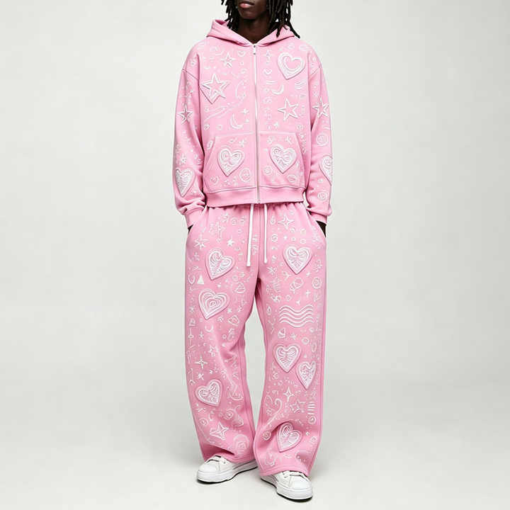 Custom Pink Applique Embroidery 2 Pieces Boxy Full Zip Wide Leg Cotton Winter Hooded Streetwear Men's Fleece Tracksuit Set