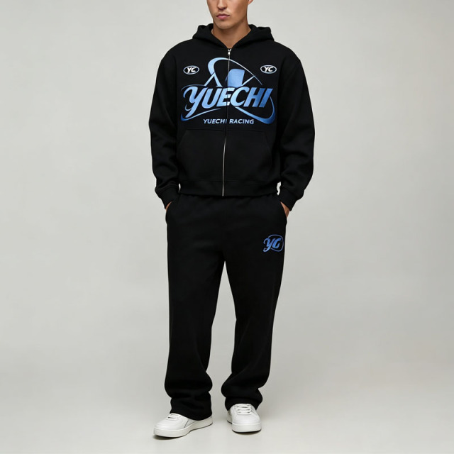 Custom Puff Printing Embroidery 2 Pieces Full Zip up Boxy Fit Wide Leg Black Cotton French Terry Men's Heavyweight Tracksuit