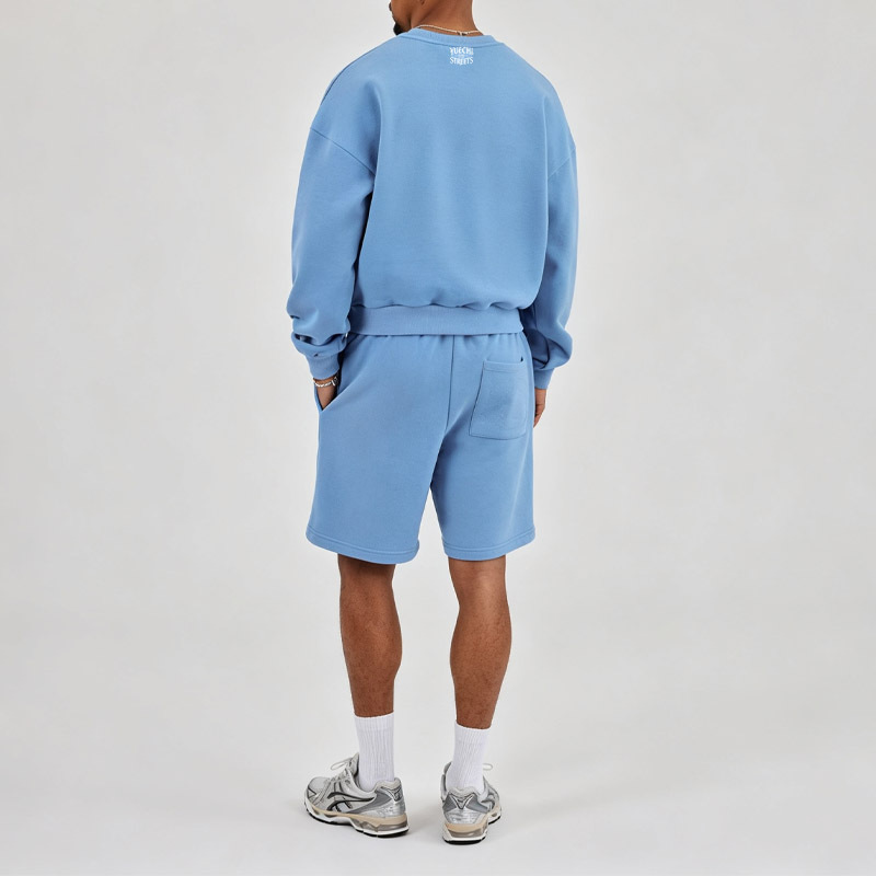 Men Crew Neck Sweatshirt Short Tracksuit 2 Piece Set Light Blue 100% Cotton Screen Print Drop Shoulder Boxy Oversized Loose