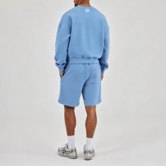 Men Crew Neck Sweatshirt Short Tracksuit 2 Piece Set Light Blue 100% Cotton Screen Print Drop Shoulder Boxy Oversized Loose