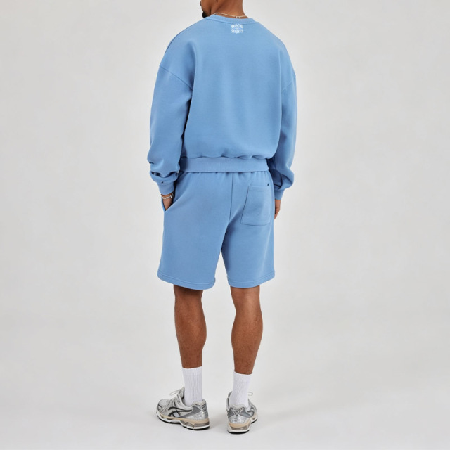 Men Crew Neck Sweatshirt Short Tracksuit 2 Piece Set Light Blue 100% Cotton Screen Print Drop Shoulder Boxy Oversized Loose