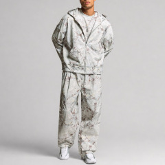Men All Over Camo Print Full Zip Hooded Tracksuit Boxy Oversized Dropped Shoulder Silkscreen Print Streetwear Two Piece Set