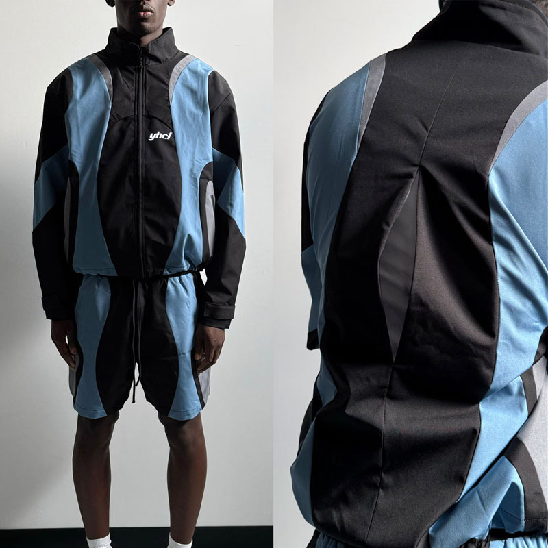 Custom Men's Color Block Screen Print Tracksuit Stand Collar Full Zip Motion Vent Back Jacket and Short 2 Pieces Sets Streetwear