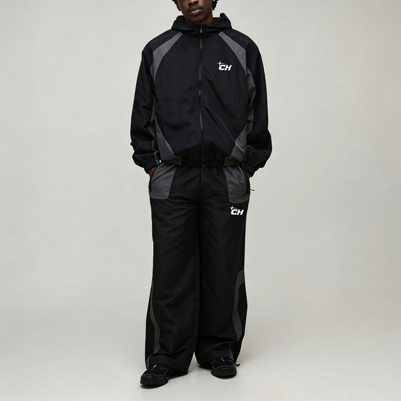 Custom Men's Boxy Fit Color Block Hooded Jacket Set Funnel Neck With Hood Technical Streetwear Lightweight Nylon Tracksuit,Leading Custom Apparel Manufacturer | Your Trusted China Sourcing Partner | YC/YUECHI,Custom Men's Boxy Fit Color Block Hooded Jacket Funnel Neck With Hood Technical Streetwear Lightweight Nylon Tracksuit