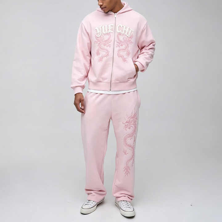 Custom Dragon Embroidery Chenille Patchwork Pink French Terry Regular Drawstring 2 Pieces Casual Autumn Men's Heavyweight