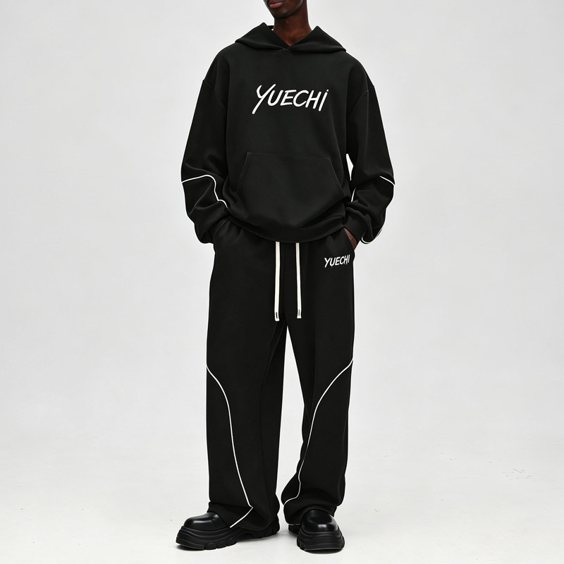 Men Oversized Boxy Hoodie Tracksuit Heavyweight French Terry Contrast Piping Embroidery Wide Leg Streetwear 2 Piece Set