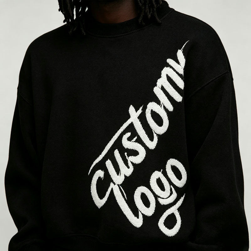 Custom Chenille Embroidery 2-Piece Brushed Knit Boxy Fit Wide Leg Crewneck Pullover Thick Winter Men's Black 100% Cotton