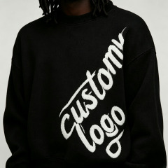 Custom Chenille Embroidery 2-Piece Brushed Knit Boxy Fit Wide Leg Crewneck Pullover Thick Winter Men's Black 100% Cotton